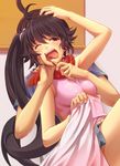  1girl ahoge araragi_karen araragi_koyomi arm_up asymmetrical_hair bare_shoulders bed_sheet black_hair blush breasts brushing_teeth drooling hand_in_hair leg_up long_hair medium_breasts monogatari_(series) murata_isshin neckerchief nisemonogatari one_eye_closed open_mouth purple_eyes saliva saliva_trail scarf sexually_suggestive sheet_grab short_hair siblings side_ponytail skirt sleeveless solo_focus tears teeth tongue tongue_out toothbrush wince 