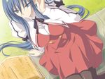  adjusting_hair basket black_legwear blue_eyes blue_hair dutch_angle from_above fujimaru_(kinakomucch) himemiya_chikane kannazuki_no_miko long_hair pantyhose school_uniform sitting solo 