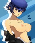  640mb bad_id bad_pixiv_id blazer blue_background blue_hair blush breasts cabbie_hat crossdressing grey_eyes hat jacket large_breasts looking_at_viewer nipples off_shoulder open_clothes open_jacket open_shirt persona persona_4 shirogane_naoto shirt short_hair solo 