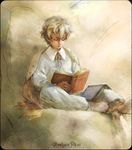  barefoot blonde_hair book child graham_aker gundam gundam_00 male_focus reading solo xiling younger 