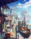  black_eyes boat brown_hair chong_feigiap cityscape cloud copyright_request crane day highres long_hair md5_mismatch outdoors power_lines resized scenery school_uniform shoes sky smoke socks solo standing upscaled watercraft 