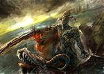  armor bccp fangs fantasy highres male_focus monster original riding scales solo sunset tongue weapon 