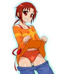  apron buruma daiou eyelashes grin hair_ornament hairclip hino_akane_(smile_precure!) looking_at_viewer midriff navel off_shoulder orange_shirt pants_down precure red_eyes red_hair shirt shirt_lift short_hair smile smile_precure! solo thighs white_background 