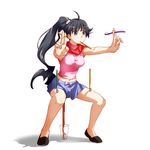  ahoge araragi_karen asymmetrical_hair balancing black_hair brown_eyes hokuto_no_ken long_hair makisige midriff monogatari_(series) navel nisemonogatari parody scarf side_ponytail skirt solo toothbrush 