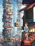  animal_ears brown_eyes cable_car chong_feigiap cityscape copyright_request highres leaning long_hair looking_at_viewer red_hair scenery school_uniform solo stairs standing tail tower 