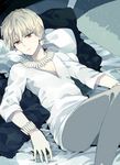  bad_id bad_pixiv_id bed blonde_hair bracelet earrings fate/zero fate_(series) gilgamesh jewelry lying male_focus necklace on_back on_bed pillow red_eyes solo toriatte v-neck 
