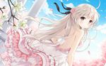  1girl bare_back bare_shoulders blurry depth_of_field dress dutch_angle flower frills hair_flower hair_ornament hair_ribbon highres kasugano_sora layered_dress long_hair looking_back nyanya open-back_dress open_mouth petals pillar ribbon silver_eyes silver_hair sky solo very_long_hair wallpaper wind yosuga_no_sora 