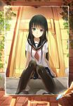  art_brush bad_id bad_pixiv_id black_hair black_legwear blue_eyes bug butterfly canvas_(object) door easel flower foreshortening insect long_hair looking_at_viewer original paintbrush painting panties pantyshot pantyshot_(sitting) phantania plant school_uniform serafuku sitting skirt smile solo thighhighs underwear vines white_panties 