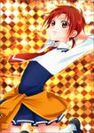  argyle argyle_background bad_id bad_pixiv_id clothes_around_waist eyelashes hino_akane_(smile_precure!) nanairogaoka_middle_school_uniform nayuta_(charinkoo) orange_background precure red_eyes red_hair school_uniform shoes short_hair sleeves_rolled_up smile smile_precure! socks solo sweater sweater_around_waist 