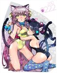  2girls animal_ears ass bell black_hair breasts cat_ears cat_tail claws cleavage highres hitowa hug long_hair looking_at_viewer medium_breasts multiple_girls one_eye_closed original pink_hair tail thighhighs twintails yellow_eyes 
