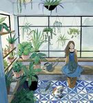  blue_dress boots brown_hair cactus cat chiruda closed_eyes dress fern gardening green greenhouse long_hair looking_down original plant solo summer watering_can wide_shot 