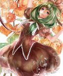  absurdres arms_up bad_id bad_pixiv_id blue_eyes bubble_skirt chinese_lantern_(plant) dress frills front_ponytail green_eyes green_hair hair_ribbon highres kagiyama_hina lips long_hair parted_lips ribbon skirt solo tcb touhou 