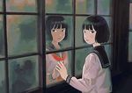  acrylic_paint_(medium) bad_id bad_pixiv_id bangs banned_artist black_eyes black_hair bob_cut hand_on_window kumaori_jun looking_at_viewer nail_polish original reaching reflection school_uniform serafuku short_hair solo traditional_media upper_body window 