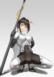  black_hair bodysuit breasts cameltoe double_bun erect_nipples fate/grand_order fate_(series) holding holding_weapon large_breasts looking_at_viewer navel nero_(nilu) polearm qin_liangyu_(fate) solo spear spread_legs squatting thighhighs weapon white_legwear 