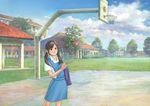  basketball_court basketball_hoop chong_feigiap cloud copyright_request day grin school_uniform sky smile solo tree twintails 