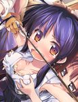  armpits arrow blush bow_(weapon) bra breast_grab breast_squeeze breasts brown_gloves brown_hair cleavage gloves grabbing grey_eyes lace lace-trimmed_bra lingerie medium_breasts multiple_girls nanaroku_(fortress76) open_mouth original purple_eyes purple_hair sash tears underwear weapon 