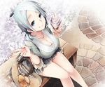  bad_id bad_pixiv_id bag blue_eyes breasts bright_pupils cleavage eyebrows eyebrows_visible_through_hair flower food from_above fubuki_shirou genderswap genderswap_(mtf) handbag ice_cream ice_cream_cone inazuma_eleven inazuma_eleven_(series) jewelry large_breasts looking_at_viewer miniskirt mirunai necklace silver_hair sitting skirt smile solo v white_pupils 