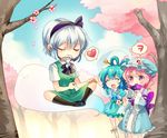  bad_id bad_pixiv_id beard black_legwear blue_hair bow cherry_blossoms closed_eyes facial_hair fake_beard fake_facial_hair fake_mustache fan flower folding_fan hair_ornament hair_rings hair_stick hairband hat heart japanese_clothes kaku_seiga kneehighs konpaku_youmu konpaku_youmu_(ghost) korean multiple_girls mustache nr_(cmnrr) open_mouth pink_eyes pink_hair saigyouji_yuyuko shoes short_hair skirt spoken_heart thumbs_up touhou translated triangular_headpiece vest white_hair 