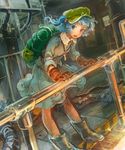  backpack bag blue_eyes blue_hair boots factory gloves hat iwamoto_zerogo kawashiro_nitori key leaning_forward looking_at_viewer railing short_hair sketch sleeves_rolled_up solo touhou two_side_up 