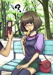  ? bad_id bad_pixiv_id bag bench blush bob_cut brown_hair camisole camisole_over_clothes cellphone cellphone_camera cellphone_picture food glasses green_eyes handbag miniskirt original park park_bench phone popsicle red-framed_eyewear riry sexually_suggestive short_hair sitting skirt thighhighs zettai_ryouiki 