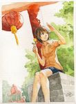  brown_hair chong_feigiap copyright_request dutch_angle flower highres new_year short_hair sitting solo traditional_media watercolor_(medium) 