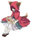 animal_ears cloak dosanko dress ears_through_headwear floral_print green_eyes hood hooded_cloak little_red_riding_hood little_red_riding_hood_(grimm) mary_janes picnic_basket red_hair shoes solo tail wolf_ears wolf_tail 