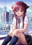  animal_ears chong_feigiap cityscape copyright_request highres kneehighs long_hair pink_eyes pink_hair pleated_skirt ribbon school_uniform sitting skirt solo 