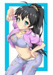  bad_id bad_pixiv_id belt black_hair earrings ganaha_hibiki idol idolmaster idolmaster_(classic) jewelry long_hair marisasu_(marisa0904) pink_diamond_765 ponytail solo v 