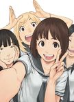  black_hair blonde_hair brown_hair copyright_request face hands looking_at_viewer multiple_girls open_mouth reaching_out school_uniform self_shot serafuku short_hair smile tamaru_tokihiko v 