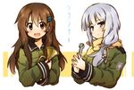  :d alternate_hair_length alternate_hairstyle blush brown_eyes brown_hair bugle copyright_name hair_ornament hairclip helvetian_military_uniform highres holding jiang-ge kannagi_noel long_hair looking_at_viewer military military_uniform multiple_girls object_hug open_mouth scarf silver_eyes silver_hair smile sora_no_woto sorami_kanata steepled_fingers uniform wrench 