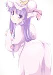  ass ass_shake blush capelet coo crescent dress hair_ribbon hat hat_ribbon highres leaning_forward long_hair patchouli_knowledge pink_dress purple_eyes purple_hair ribbon solo touhou 