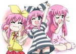  arm_up blue_eyes closed_eyes dress eating ki_(adotadot) one_eye_closed panties pink_hair ribbon sherlock_shellingford sleepy striped striped_dress striped_panties tantei_opera_milky_holmes thighhighs twintails underwear yawning 