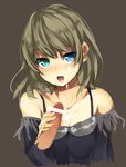  aqua_eyes blonde_hair blue_eyes censored cum disembodied_penis facial fringe_trim heterochromia idolmaster idolmaster_cinderella_girls looking_at_viewer off_shoulder open_mouth penis short_hair takagaki_kaede unasaka_ryou 