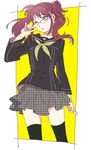  bad_id bad_pixiv_id bangs earrings glasses jewelry kujikawa_rise lips long_hair long_sleeves looking_away open_mouth persona persona_4 pink_hair school_uniform skirt solo standing thighhighs twintails unmoving_pattern yellow_eyes yoshida_morohe 