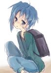  androgynous backpack bag bandaid blue_eyes blue_hair blush cardfight!!_vanguard male_focus nakamura_sandayo sendou_aichi simple_background solo tears v_arms white_background 