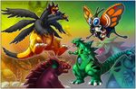  beautifly blue_eyes bug gen_1_pokemon gen_2_pokemon gen_3_pokemon gen_5_pokemon godzilla godzilla_(series) hydreigon insect kaijuu king_ghidorah moth mothra multiple_heads nidoking no_humans pokemon pokemon_(creature) twarda8 tyranitar watermark web_address wings zoom_layer 