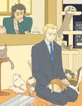  ahoge black_hair blonde_hair briefcase cardigan cat cat_tower_(object) cup fate/zero fate_(series) flat_color kayneth_el-melloi_archibald lancer_(fate/zero) male_focus multiple_boys necktie sapua seiza sitting teacup too_many too_many_cats 