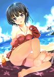  bad_feet bangs bare_shoulders barefoot beach bikini black_hair blush boku_wa_tomodachi_ga_sukunai breasts cleavage collarbone commentary condensation_trail day eyebrows_visible_through_hair feet full_body highres jacket leg_up looking_at_viewer lotion medium_breasts mikazuki_yozora nail_polish ocean outdoors pink_nails pov_feet purple_eyes red_bikini short_hair soles solo sunscreen swimsuit toenail_polish toes water wiggling_toes xephonia 