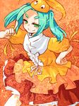  aqua_hair bad_id bad_pixiv_id blush bow dress green_eyes hair_ribbon hand_on_hip monogatari_(series) nisemonogatari ononoki_yotsugi ribbon short_eyebrows smile solo takamura twintails 