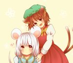  2girls :&lt; animal_ears bad_id bad_pixiv_id brown_eyes brown_hair cat_ears cat_tail chen earrings fang hand_on_shoulder hat jewelry mouse_ears mouse_tail multiple_girls multiple_tails nazrin open_mouth red_eyes short_hair silver_hair single_earring tail touhou yagura_miketa 