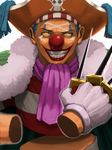  blue_hair buggy_the_clown clown_nose cravat fur_trim grin hat highres knife makeup male_focus one_piece pirate_hat smile solo yellow_eyes yoshida_takanori 