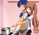  ano_natsu_de_matteru blue_hair blush brown_hair cooking hair_ribbon multiple_girls pantyhose ribbon school_uniform tanigawa_kanna tooi_aoiro twintails yamano_remon 