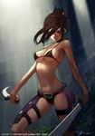  arched_back bikini_top black_hair boots breasts buckle crotch dual_wielding earrings hair_over_one_eye holding jewelry knife loka lokman_lam medium_breasts reverse_grip rogue_(warcraft) solo sword thigh_strap warcraft weapon world_of_warcraft 
