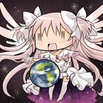  aubz bow chibi earth gloves hair_bow kaname_madoka long_hair mahou_shoujo_madoka_magica pink_hair solo space spoilers two_side_up ultimate_madoka wide_face wings ||_|| 