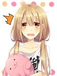  1girl bad_id bad_pixiv_id blonde_hair blush clothes_writing collarbone futaba_anzu idolmaster idolmaster_cinderella_girls konase_(non_stop!) long_hair off_shoulder open_mouth shirt simple_background solo stuffed_animal stuffed_bunny stuffed_toy surprised sweatdrop t-shirt twintails very_long_hair yellow_eyes you_work_you_lose 