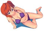  ano_natsu_de_matteru arm_support barefoot bikini blue_eyes breasts cleavage glasses kasanui large_breasts long_hair navel red_hair shiny shiny_skin smile solo swimsuit takatsuki_ichika 