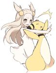  :d ampharos blonde_hair closed_eyes dress gen_2_pokemon hair_bobbles hair_ornament mikan_(pokemon) nakamura_sandayo open_mouth pokemon pokemon_(creature) pokemon_(game) pokemon_gsc simple_background smile sparkle standing sundress two_side_up white_background yellow_eyes 