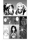  akiyama_mio comic ebibaachan fireworks greyscale highres japanese_clothes k-on! kimono monochrome multiple_girls tainaka_ritsu translated 