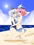  asymmetrical_docking bad_feet barefoot beach bikini blue_eyes breast_press breasts brown_eyes chamayy hairband hat hug konpaku_youmu large_breasts multiple_girls navel ocean one-piece_swimsuit one_eye_closed open_mouth pink_hair saigyouji_yuyuko sand school_swimsuit short_hair silver_hair skirt small_breasts smile sun swimsuit touhou triangular_headpiece water 