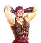  armor armpit_hair armpits arms_up bad_id bad_pixiv_id beard chest_hair facial_hair fate/zero fate_(series) male_focus manly muscle red_eyes red_hair rider_(fate/zero) simple_background smirk solo vambraces white_background yariyumi 